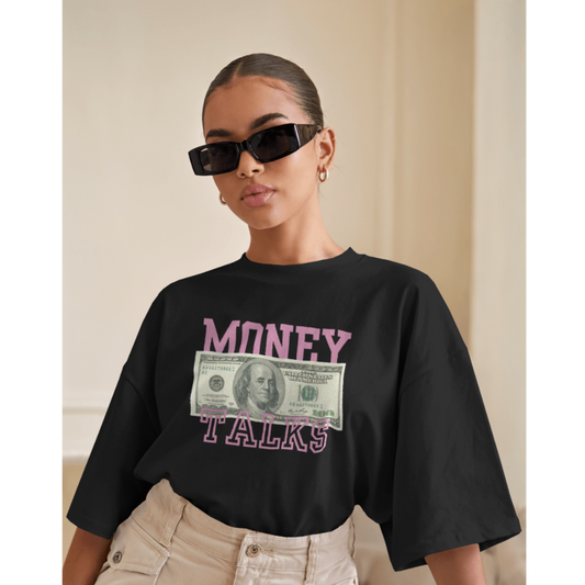 "Money Talks" Oversized Black Women’s T-Shirt – Fashionable Wolf | Bold Streetwear Statement Tee
