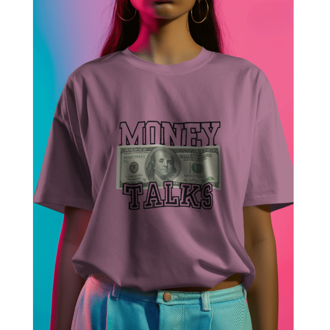 "Money Talks" Oversized Lavender Women’s T-Shirt – Fashionable Wolf | Bold Streetwear Statement Tee