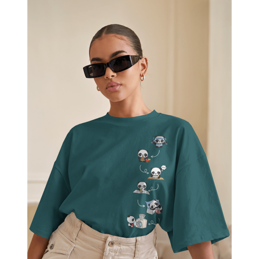 Oversized Panda Activity Graphic Crystal Teal T-Shirt | Fashionable Wolf