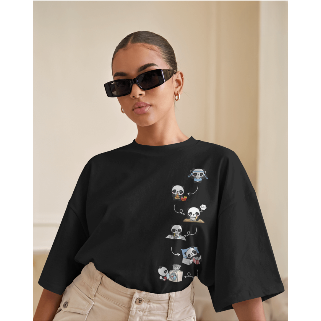 Oversized Panda Activity Graphic Black T-Shirt | Fashionable Wolf