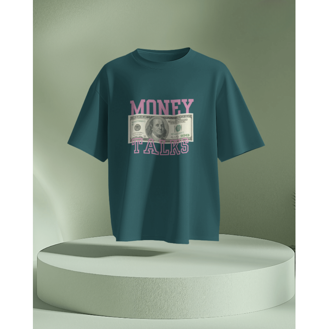 "Money Talks" Oversized Crystal Teal Women’s T-Shirt – Fashionable Wolf | Bold Streetwear Statement Tee