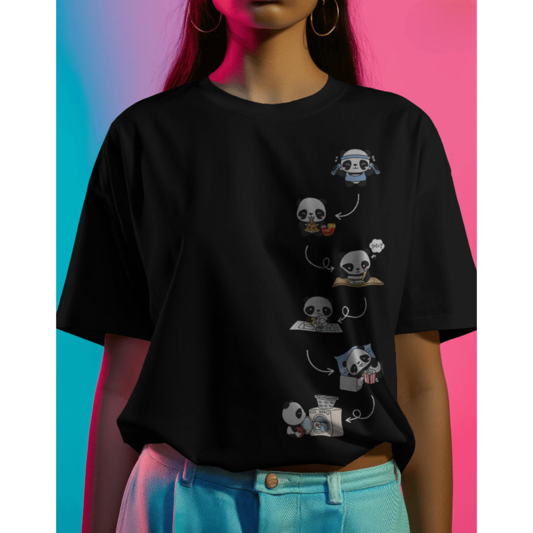 Oversized Panda Activity Graphic Black T-Shirt | Fashionable Wolf