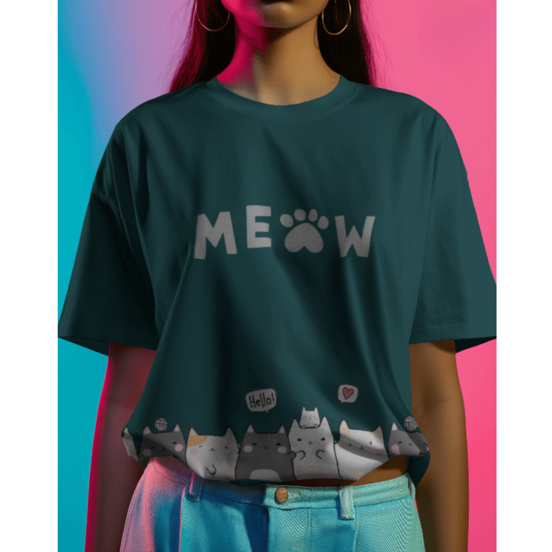 Kitten & Meow Graphic Oversized Crystal Green T-Shirt for Women – Cute & Casual Tee | Fashionable Wolf