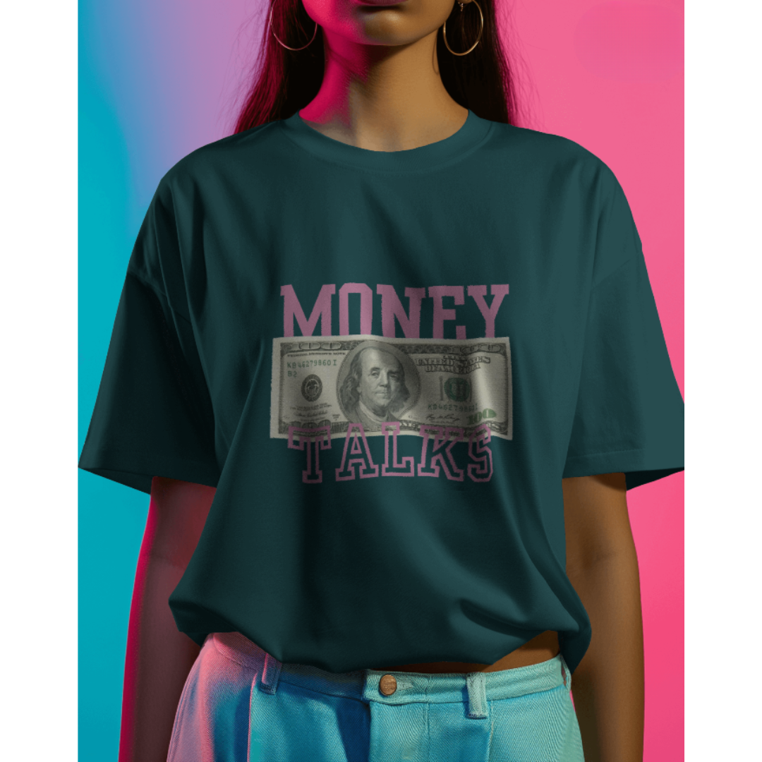 "Money Talks" Oversized Crystal Teal Women’s T-Shirt – Fashionable Wolf | Bold Streetwear Statement Tee