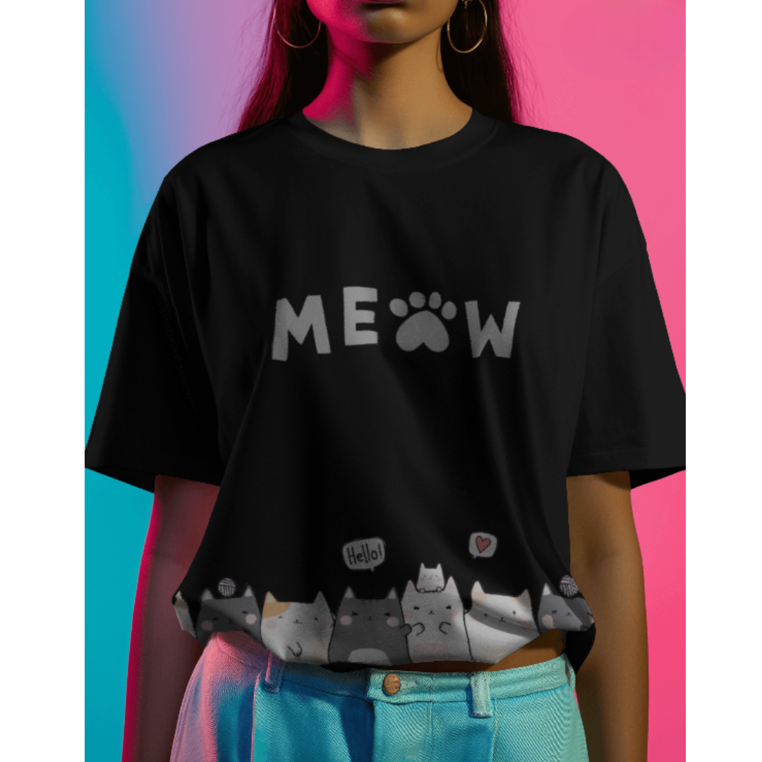 Kitten & Meow Graphic Oversized Black T-Shirt for Women – Cute & Casual Tee | Fashionable Wolf