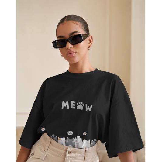 Kitten & Meow Graphic Oversized Black T-Shirt for Women – Cute & Casual Tee | Fashionable Wolf