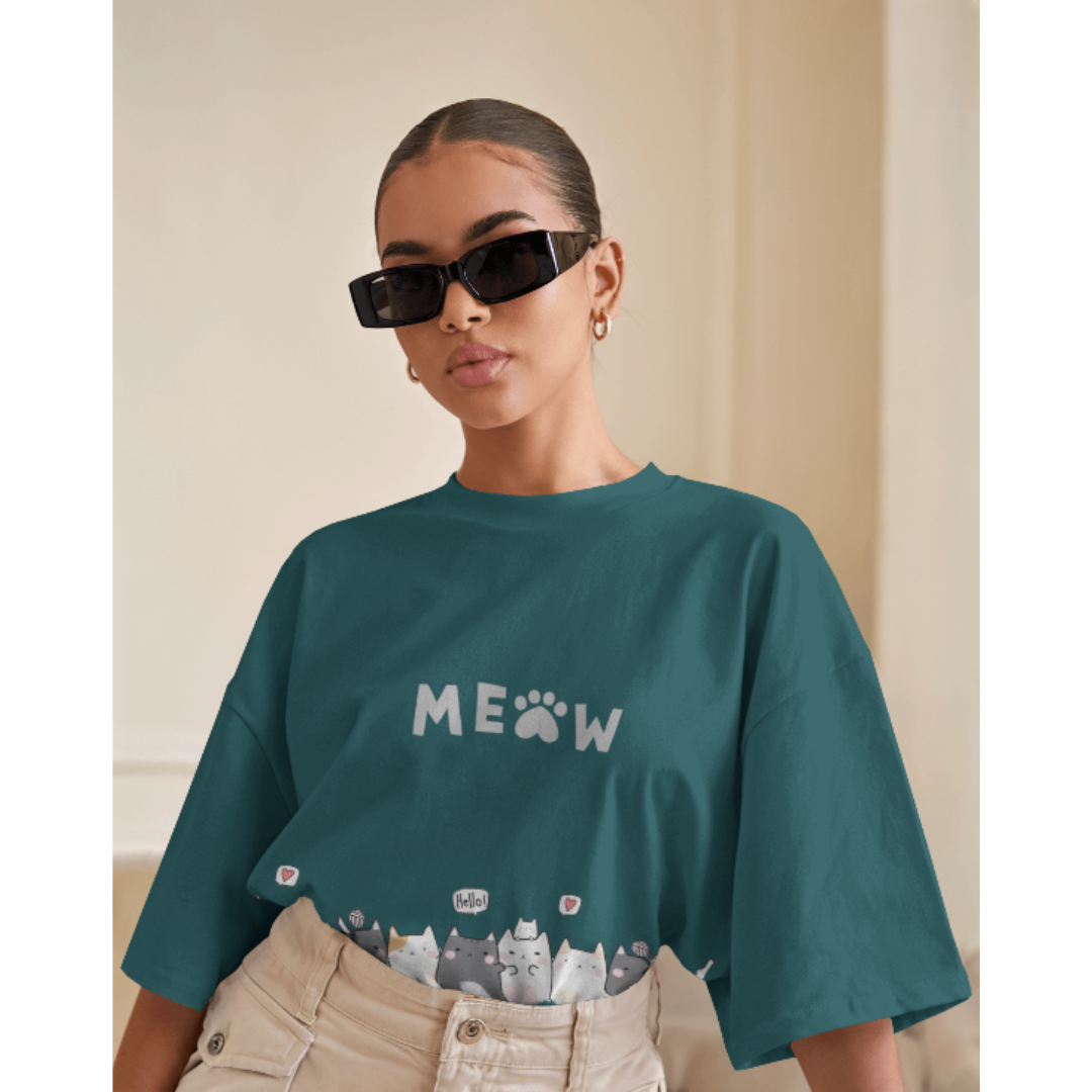 Kitten & Meow Graphic Oversized Crystal Green T-Shirt for Women – Cute & Casual Tee | Fashionable Wolf