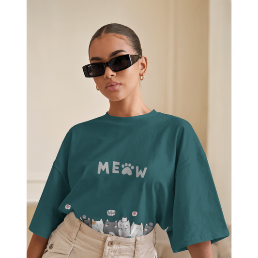 Kitten & Meow Graphic Oversized Crystal Green T-Shirt for Women – Cute & Casual Tee | Fashionable Wolf