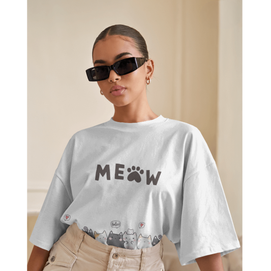 Kitten & Meow Graphic Oversized White T-Shirt for Women – Cute & Casual Tee | Fashionable Wolf