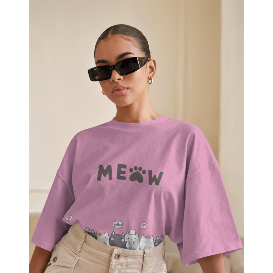 Kitten & Meow Graphic Oversized Lavender T-Shirt for Women – Cute & Casual Tee | Fashionable Wolf