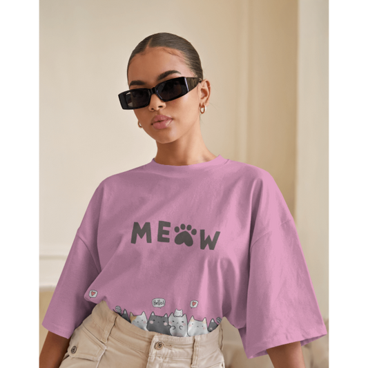 Kitten & Meow Graphic Oversized Lavender T-Shirt for Women – Cute & Casual Tee | Fashionable Wolf