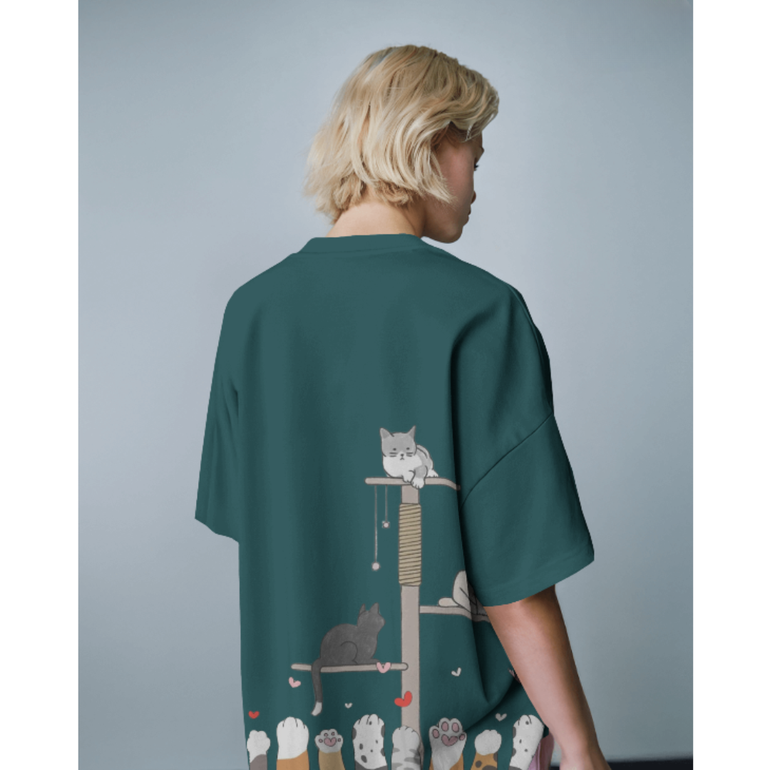 Kitten & Meow Graphic Oversized Crystal Green T-Shirt for Women – Cute & Casual Tee | Fashionable Wolf