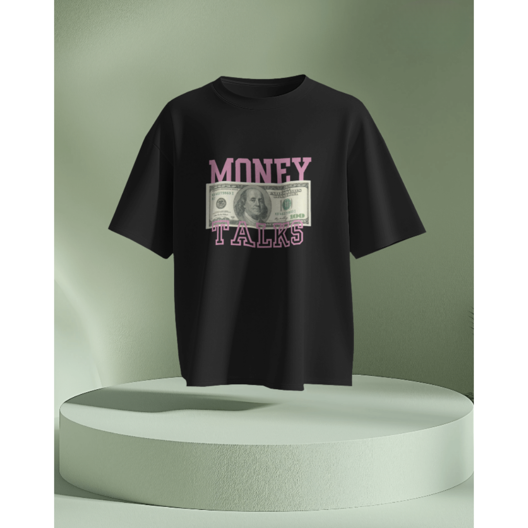 "Money Talks" Oversized Black Women’s T-Shirt – Fashionable Wolf | Bold Streetwear Statement Tee