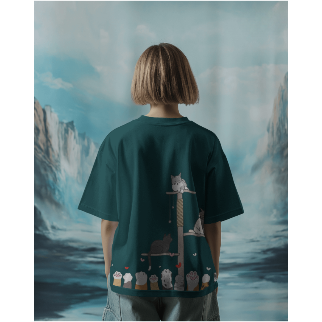 Kitten & Meow Graphic Oversized Crystal Green T-Shirt for Women – Cute & Casual Tee | Fashionable Wolf