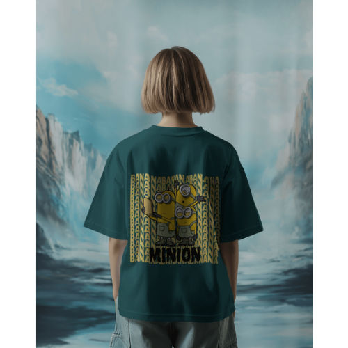 Oversized Minions Print Crystal Teal T-Shirt for Women – Front & Back Design | Fashionable Wolf