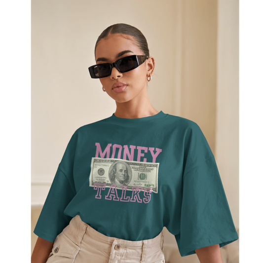 "Money Talks" Oversized Crystal Teal Women’s T-Shirt – Fashionable Wolf | Bold Streetwear Statement Tee