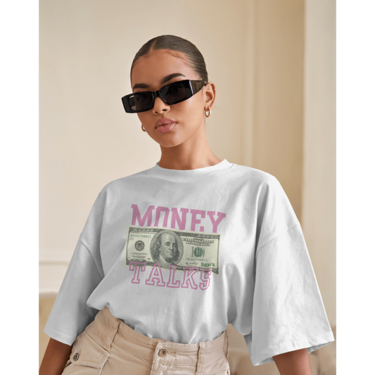"Money Talks" Oversized White Women’s T-Shirt – Fashionable Wolf | Bold Streetwear Statement Tee