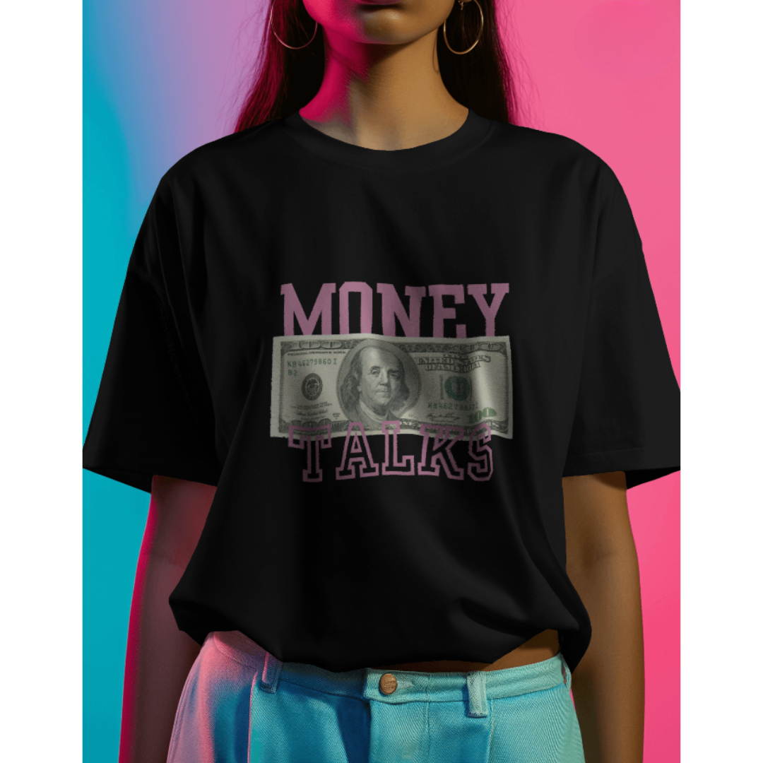 "Money Talks" Oversized Black Women’s T-Shirt – Fashionable Wolf | Bold Streetwear Statement Tee