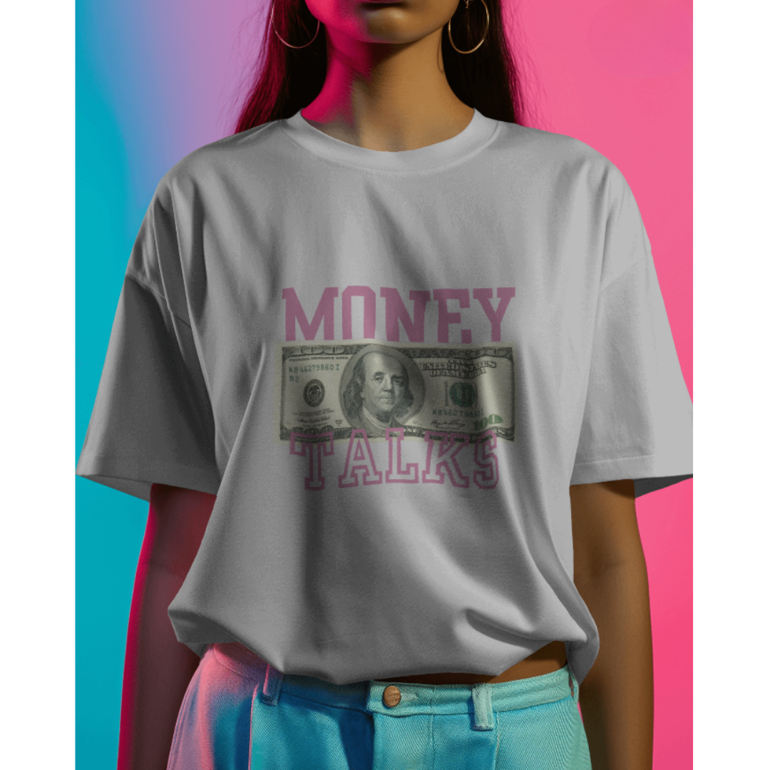 "Money Talks" Oversized White Women’s T-Shirt – Fashionable Wolf | Bold Streetwear Statement Tee