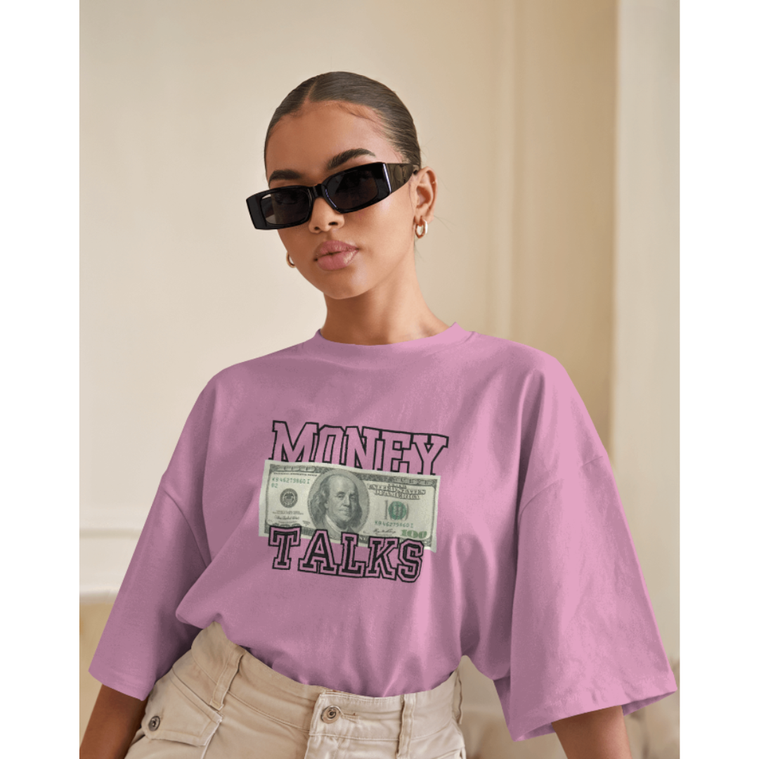 "Money Talks" Oversized Lavender Women’s T-Shirt – Fashionable Wolf | Bold Streetwear Statement Tee