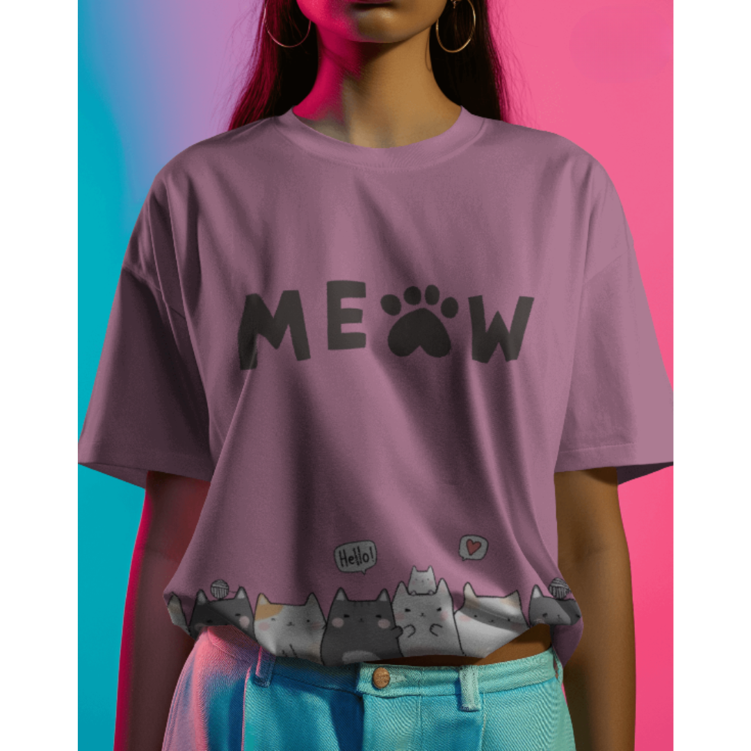 Kitten & Meow Graphic Oversized Lavender T-Shirt for Women – Cute & Casual Tee | Fashionable Wolf