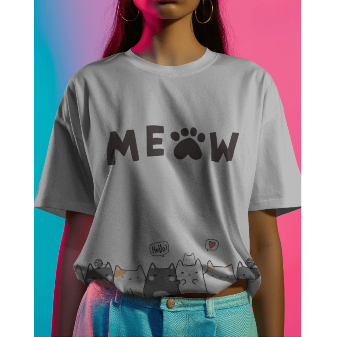 Kitten & Meow Graphic Oversized White T-Shirt for Women – Cute & Casual Tee | Fashionable Wolf