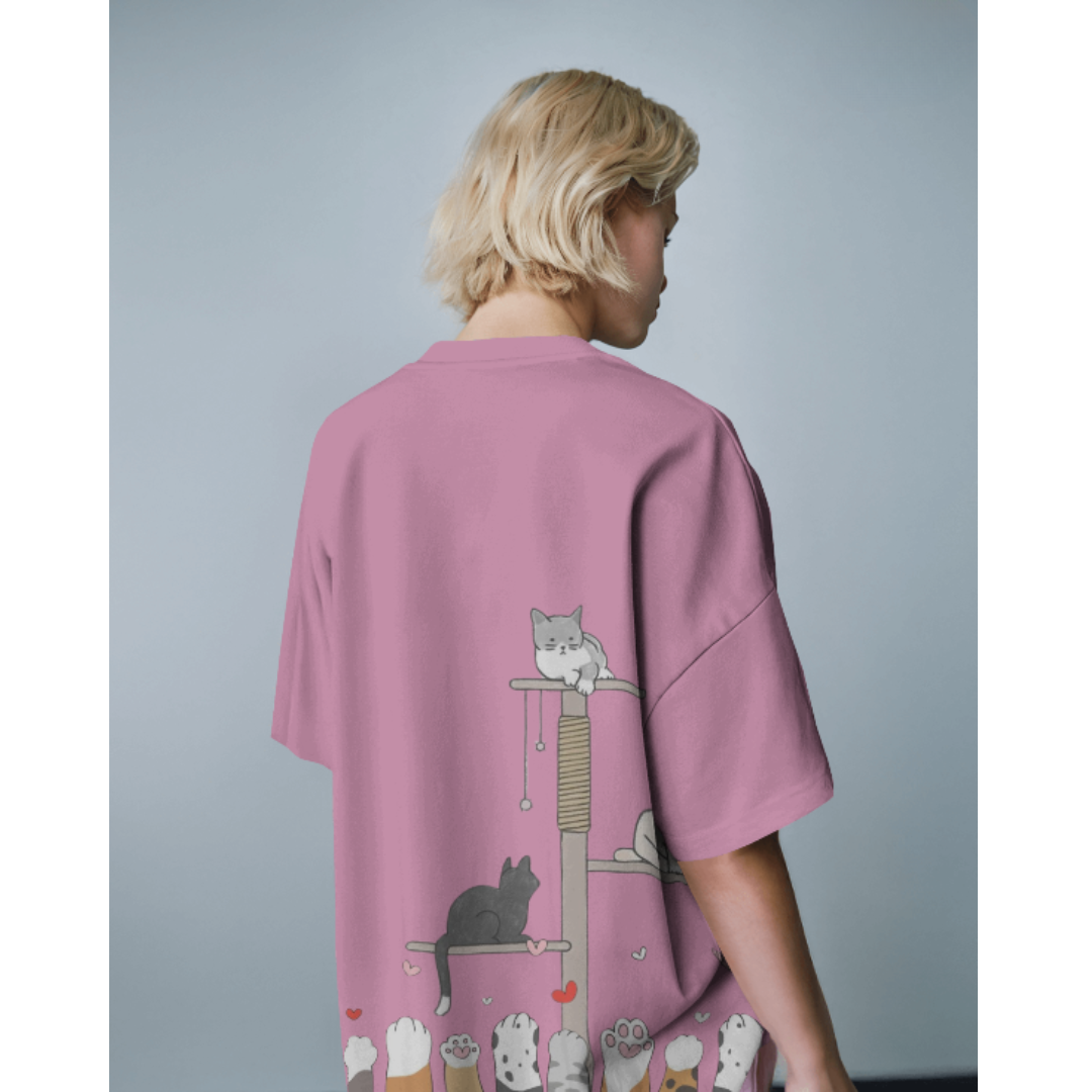 Kitten & Meow Graphic Oversized Lavender T-Shirt for Women – Cute & Casual Tee | Fashionable Wolf