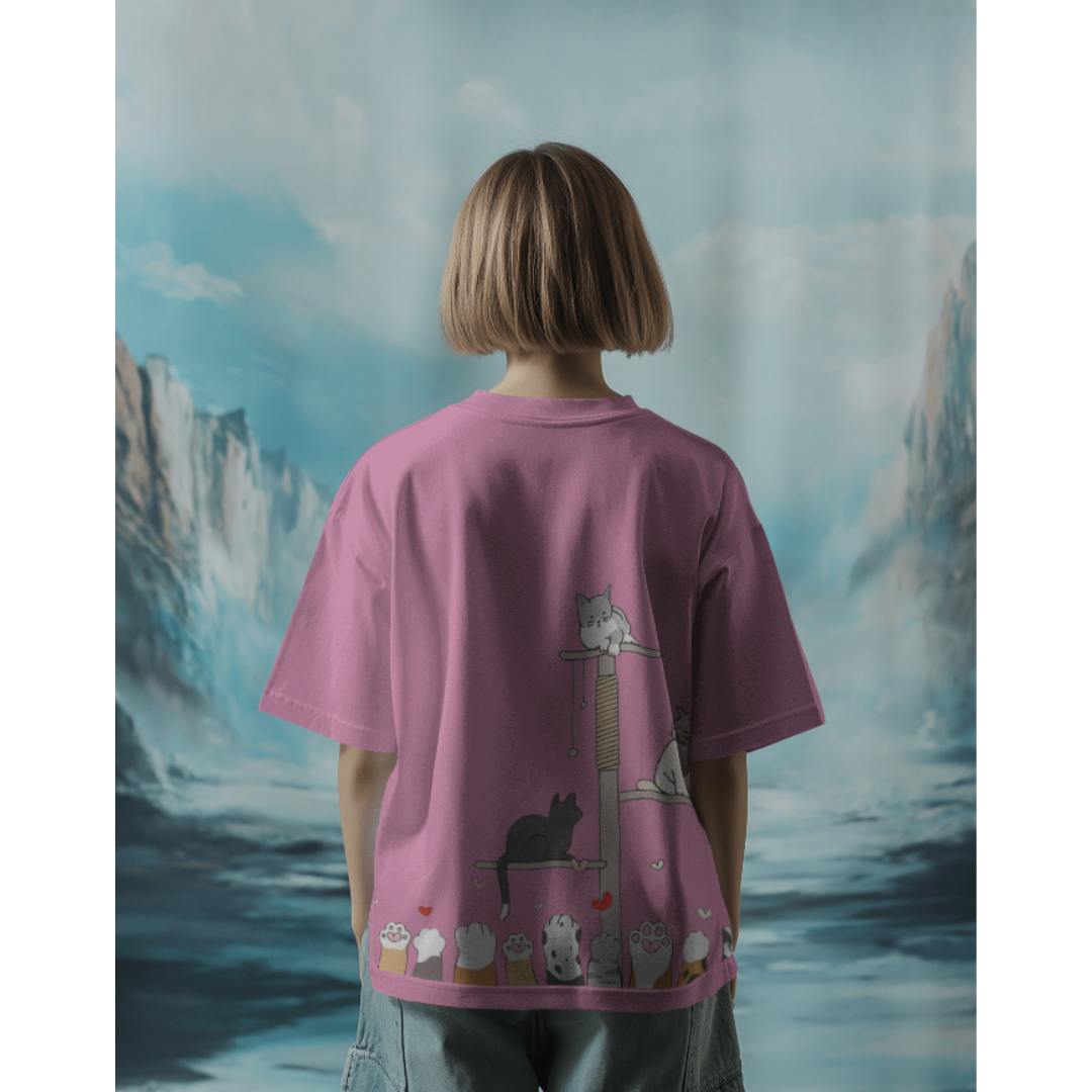 Kitten & Meow Graphic Oversized Lavender T-Shirt for Women – Cute & Casual Tee | Fashionable Wolf